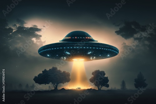 eerie alien ufo abduction lit up in the night sky made by generative ai