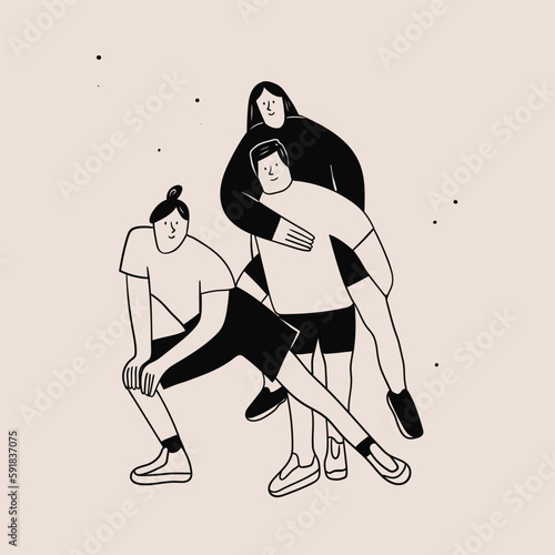 Group of happy People. Friends or coworkers are standing, posing together, looking at camera. Cartoon characters. Community, friendship, teamwork concept. Hand drawn colorful Vector illustration