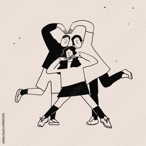 Group of happy People. Friends or coworkers are standing, posing together, making heart. Cartoon characters. Community, friendship, social unity concept. Hand drawn colorful Vector illustration