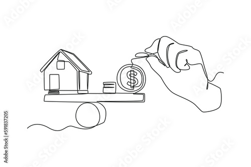 Single one line drawing consumers buy houses on account. Bank concept. Continuous line draw design graphic vector illustration.