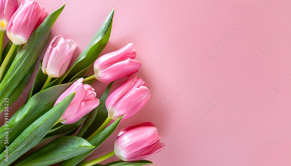 Fototapeta premium Bouquet of pink tulips flowers on pastel pink background with copy space
