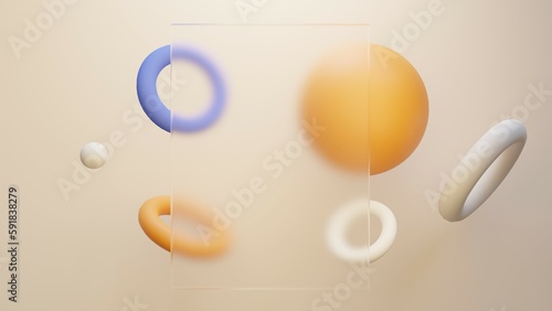 3D rendering of an mockup background containing colored geomtric elements with frosted glass panel in front