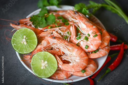 shrimp on white plate background dining table food, Fresh shrimps prawns seafood lemon lime with herbs and spice
