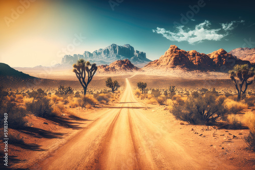 a road through a sandy desert with mountains in the background. Generative AI © jr-art