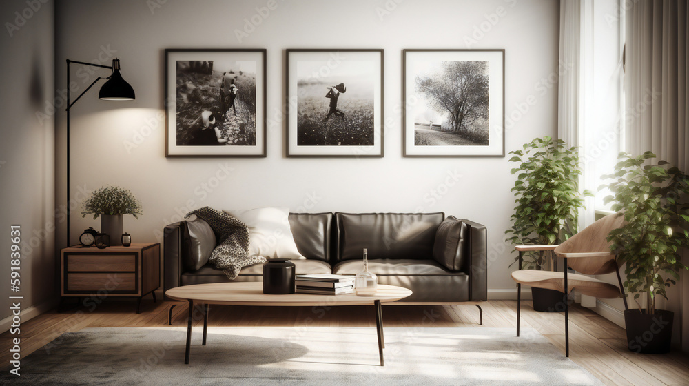 Fototapeta premium Minimalist Living Room Interior with Mockup Frame Poster, Modern interior design, 3D render, 3D illustration