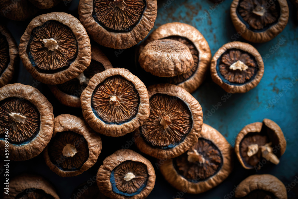 dry mushrooms topshot. Generative AI dry mushrooms topshot. Generative AI