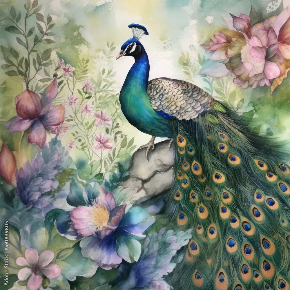 Fototapeta premium A stunning watercolor of a magnificent peacock Generative Ai