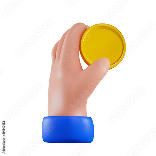 Render of a hand holding a gold coin with no currency sign. Vector illustration in 3d style for business and finance