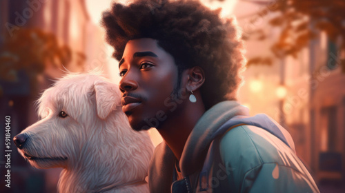 The bond between the afro man and his dog is evident as they enjoy their leisurely walk through the city. Generative AI