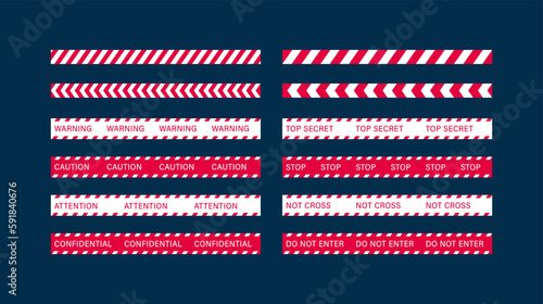 Safety ribbon symbol. Vector color illustration set. Red and black restriction line seamless tape with warning, caution, attention, confidential, not cross text. Top secret sign.