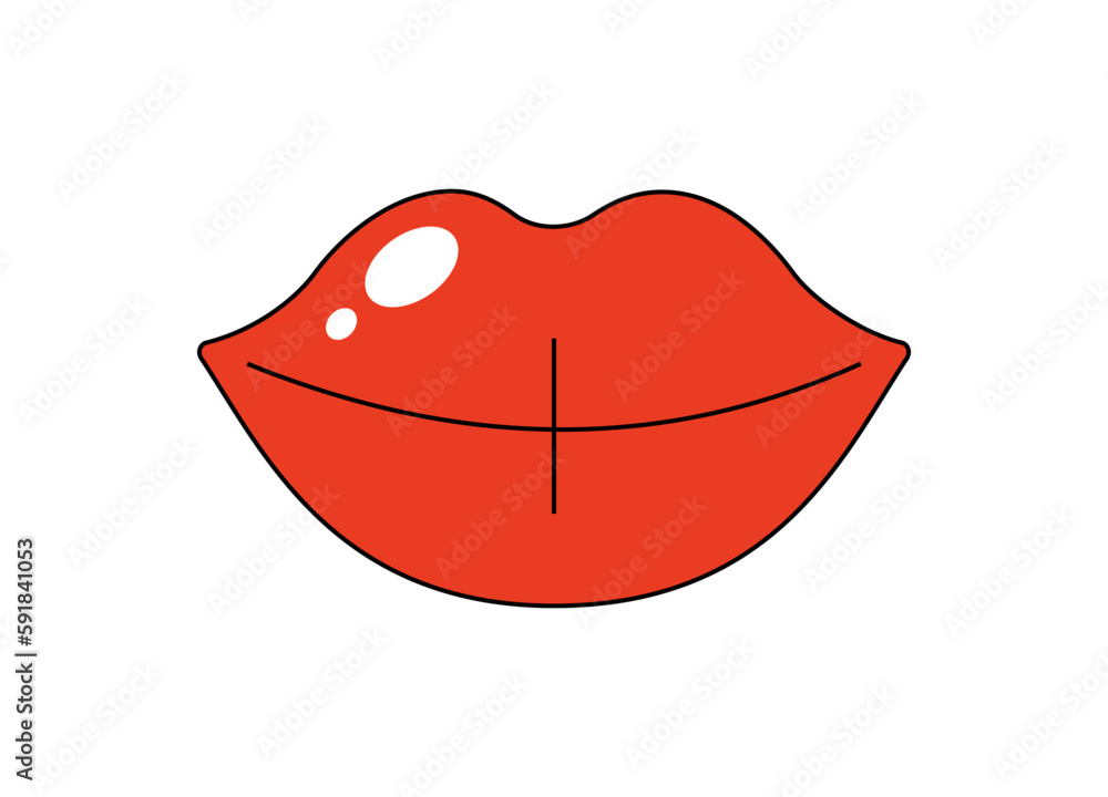 Retro pop art sexy mouth. Big plump glossy red sensual lips. Female lip with lipstick. Vintage fashion sticker print. Vector isolated eps patch Retro pop art sexy mouth. Big plump glossy red sensual lips. Female lip with lipstick. Vintage fashion sticker print. Vector isolated eps patch