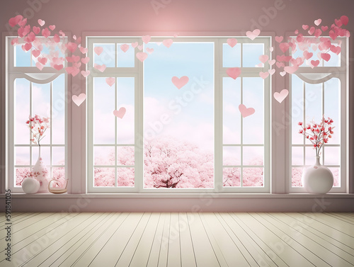 variopinto sfondo di stanza con fiori e cuoricini,  san valentino,  grande finestra  ideale per set fotografico, manipolazione digitale, sfondo maternity, creata con intelligenza artificiale