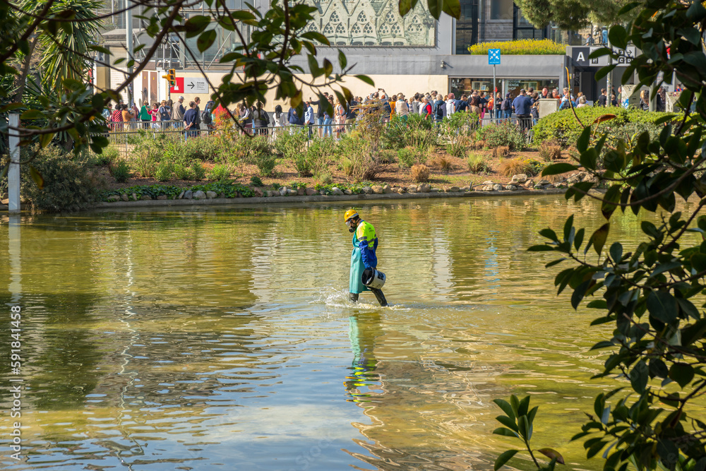 Obraz premium Sanitation worker for pest control dressed in helmet, goggles, mask with filters, protective gloves and boots pouring disinfectant for mosquitoes with a bucket in the pond of the Sagrada Familia