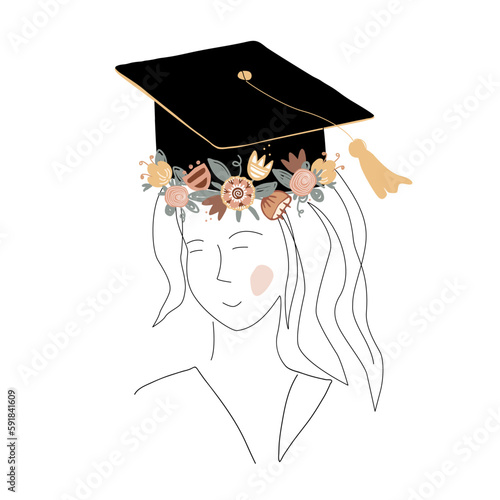 Cute girl silhouette in graduation cap decorated with doodle flower wreath. Happy graduate student. Scandinavian and continuous line style. Vector isolated illustration