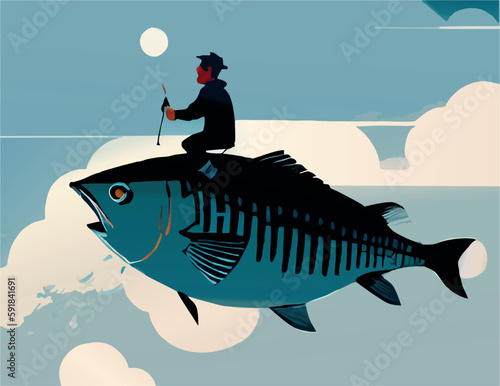 A man riding a giant fish in the sky. Fantasy vector illustration