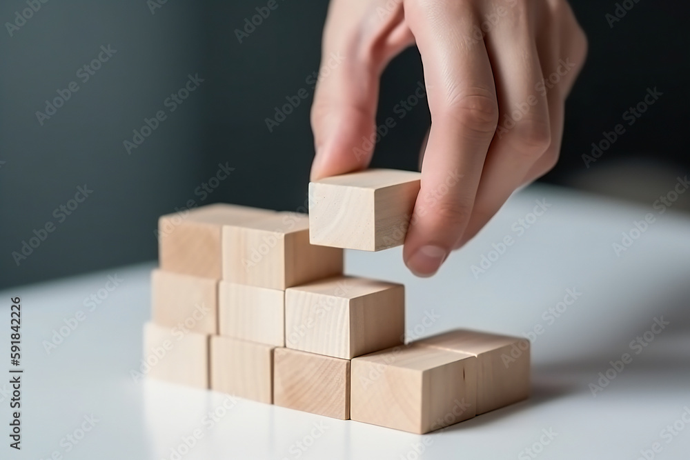 Hand arranging wood square block stacking as step stair. Business concept growth success process with copy space. Generative AI Hand arranging wood square block stacking as step stair. Business concept growth success process with copy space. Generative AI