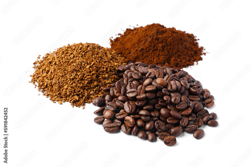 Beans, instant and ground coffee on white background Beans, instant and ground coffee on white background