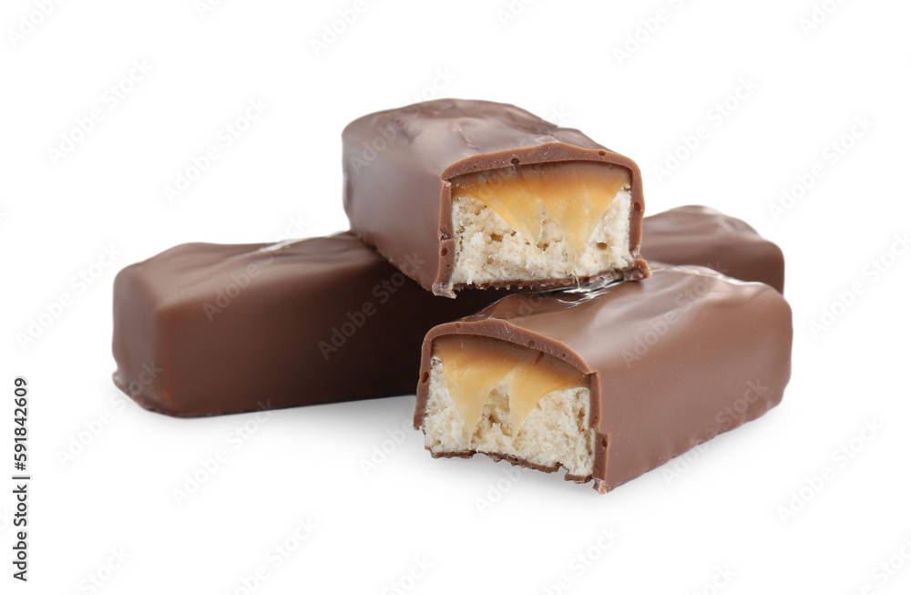 Pieces of chocolate bars with caramel on white background Pieces of chocolate bars with caramel on white background