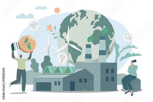 Eco friendly sustainable, Environmental protection factory, Clean green energy from renewable sources concept. Vector design illustration.