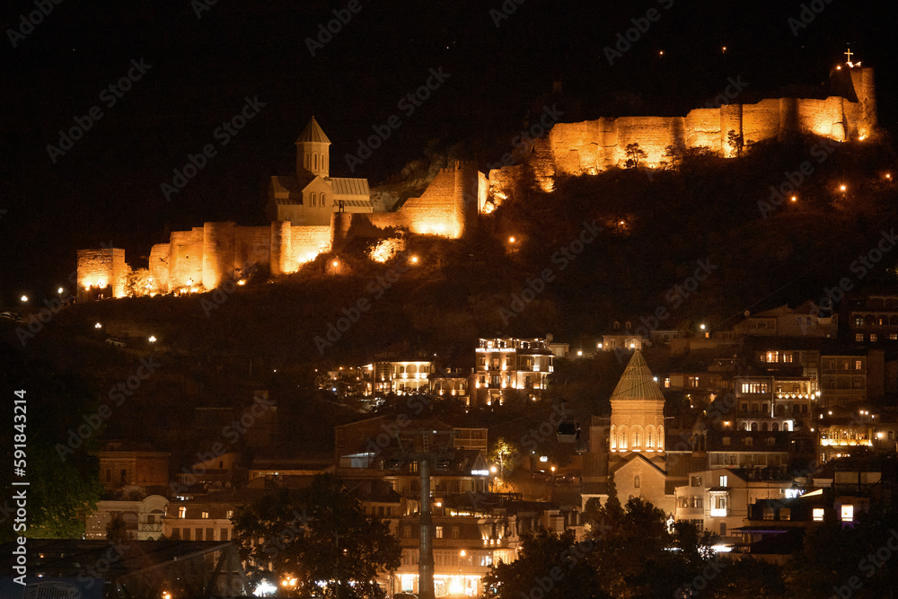 Tbilisi, Georgia - May 10, 2022: Narikala Fortress. Night view. Views of Tbilisi, Georgia.
