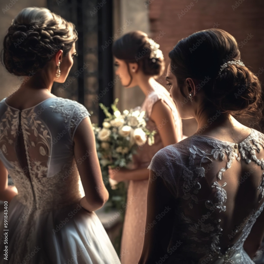 Friends next to their friend with a wedding dress. Wedding concept. Generative AI. Friends next to their friend with a wedding dress. Wedding concept. Generative AI.