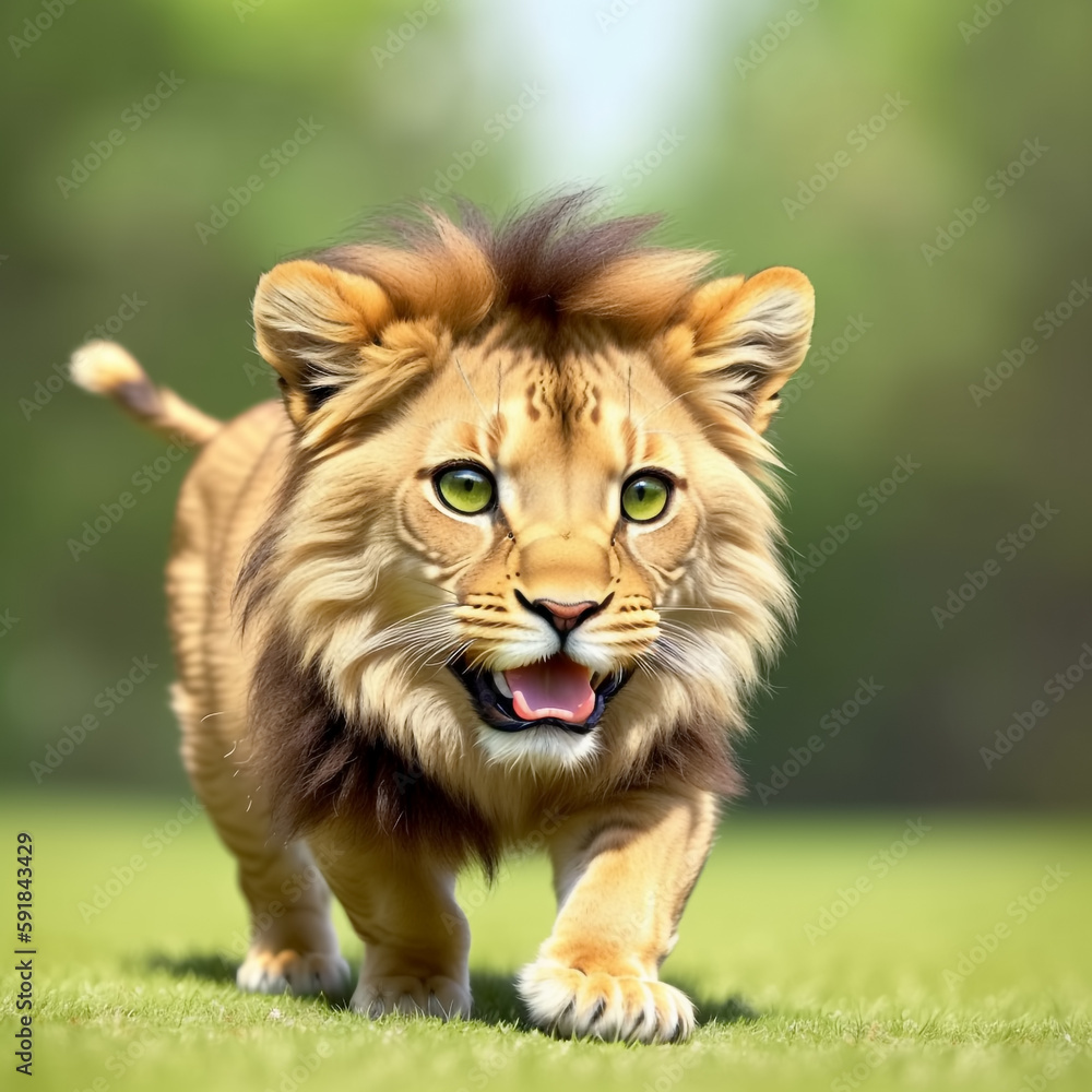 Fototapeta premium Cute and adorable little lion in forest. Generative AI