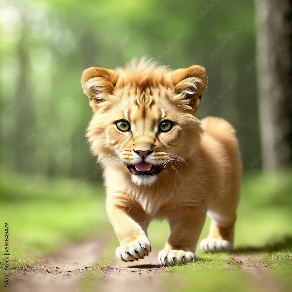 Fototapeta premium Cute and adorable little lion in forest. Generative AI