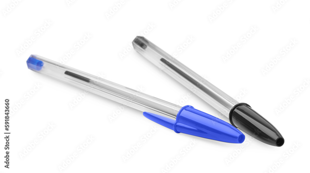 New black and blue pens isolated on white, closeup
