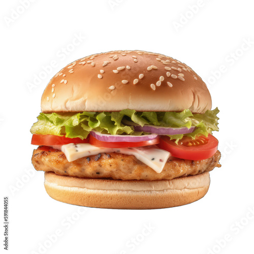 chicken burger with tomato salad and alpha channel cheese