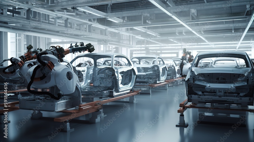 Production of cars with the help of robots in the factory. AI generated
