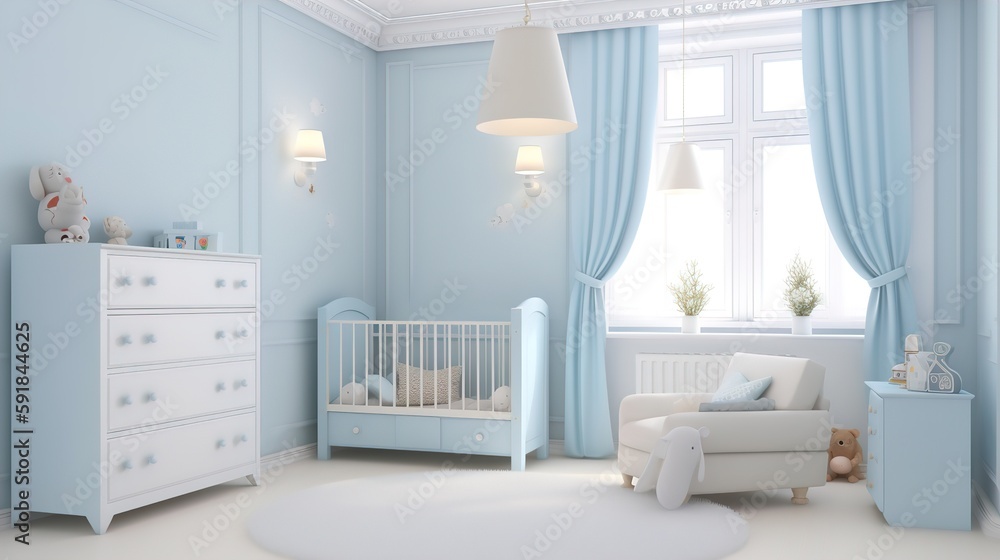 Baby's room in pale blue tones. AI generated