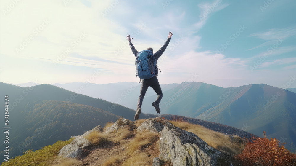 Happy man with open arms jumping on the top of mountain - Hiker with backpack celebrating success outdoor - People, success and sport concept Happy man with open arms jumping on the top of mountain - Hiker with backpack celebrating success outdoor - People, success and sport concept