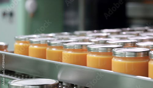 Production of baby food in bottles on a production tape close-up. AI generated