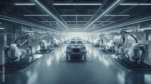 Production of cars with the help of robots in the factory. AI generated © dwoow