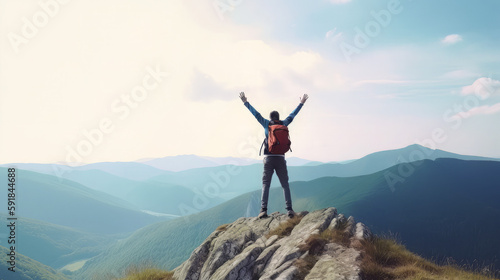 Happy man with open arms jumping on the top of mountain - Hiker with backpack celebrating success outdoor - People  success and sport concept