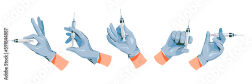 World Immunization. Hand with syringe set. Syringe with vaccine. Cartoon vector flat illustration.