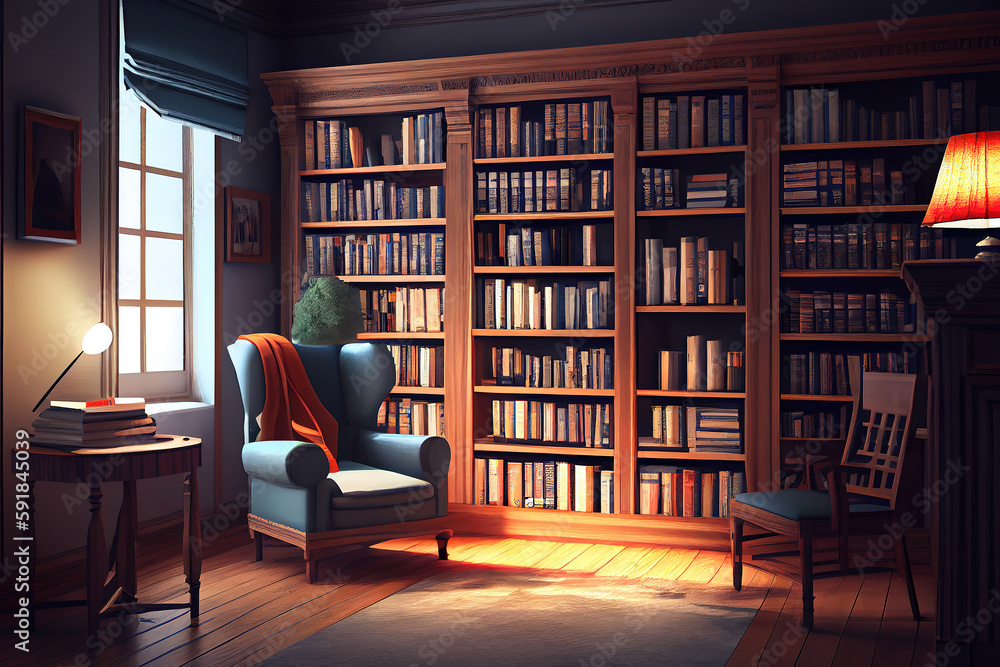 Interior bookshelf room library. Generative Ai