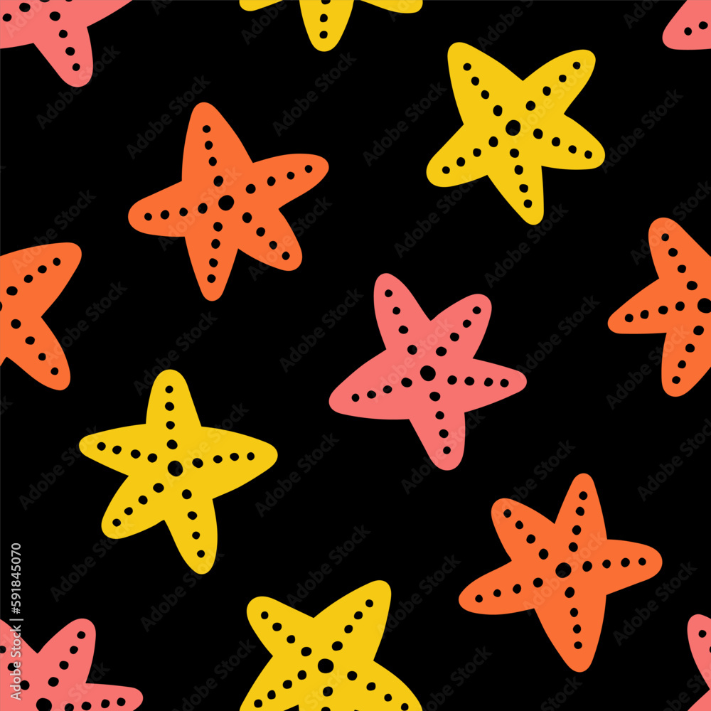 Black seamless pattern with colorful starfish Black seamless pattern with colorful starfish
