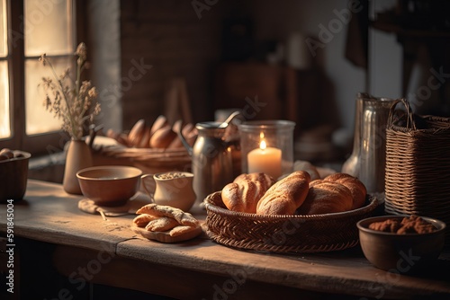 A fresh bread on a wooden table, commercial use ai generative illustration