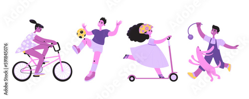 Set of vector illustrations of children riding a bicycle and scooter, playing ball and training a dog