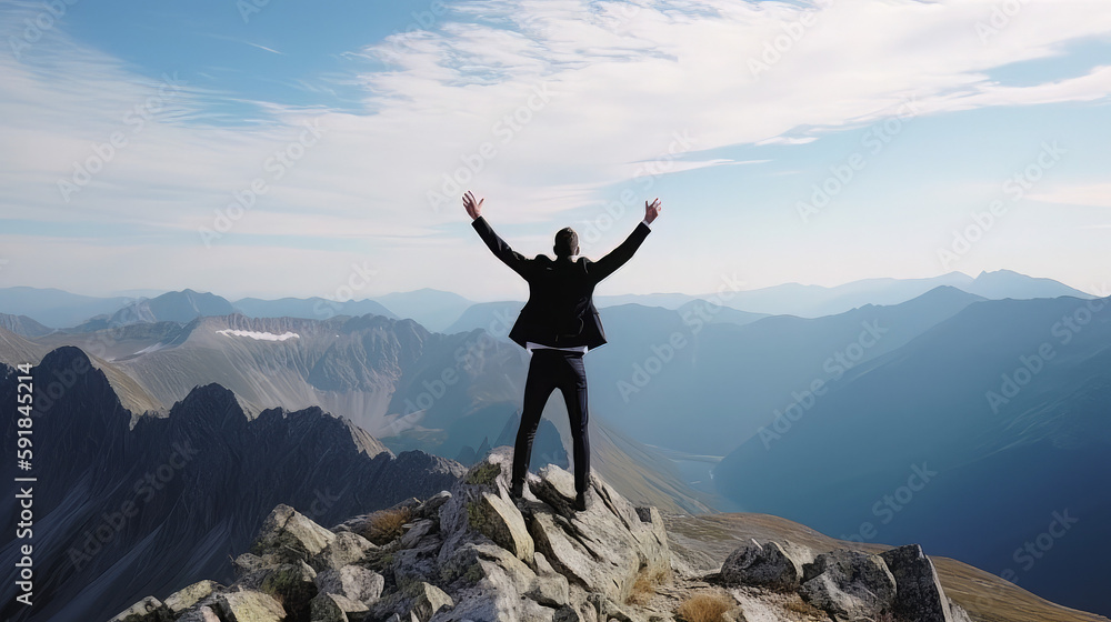 Excited young businessman jumping keeping arms raised hiking the mountain peak - Celebrating success, winner and leader concept Excited young businessman jumping keeping arms raised hiking the mountain peak - Celebrating success, winner and leader concept