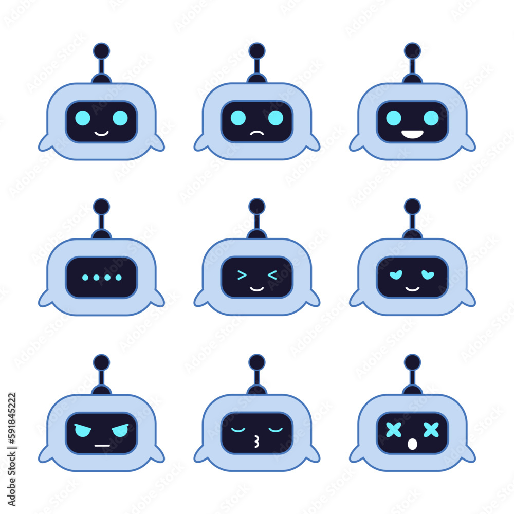 Chatbot avatar. Computer chat bots with emotions. Robots digital assistant advisor talker face with antenna bot vector isolated icon set
Chatbot avatar. Computer chat bots with emotions. Robots digital assistant advisor talker face with antenna bot vector isolated icon set