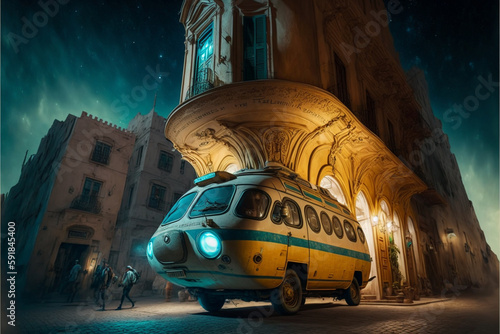 Vanlife roadtrip with a surreal, psychedelic, hippie camper van in the medina of an oriental old town. Created with Generative AI technology.