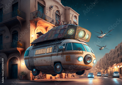 Vanlife roadtrip with a surreal, psychedelic, hippie camper van in the medina of an oriental old town. Created with Generative AI technology.