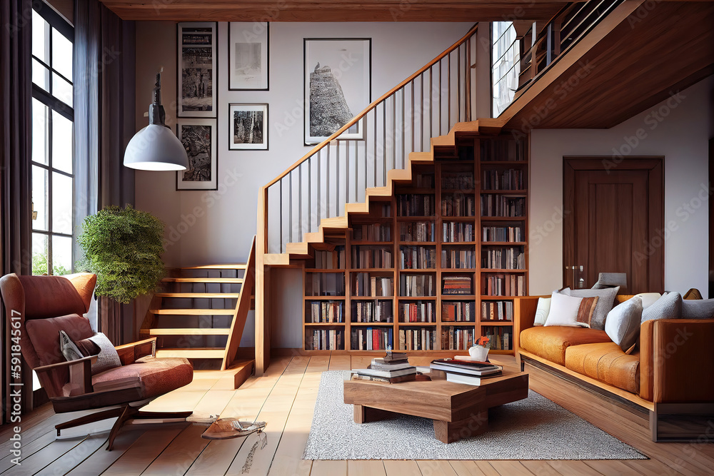 Living room with wooden staircase and bookcase. Generative Ai