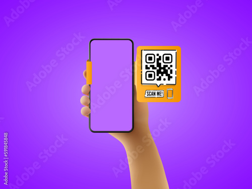 A vector cartoon hand is holding a black smartphone with a QR code and "scan me" text, framed with a modern frameless design, and isolated on a violet background