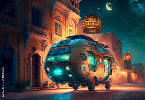 Vanlife roadtrip with a surreal, psychedelic, hippie camper van in the medina of an oriental old town. Created with Generative AI technology.
