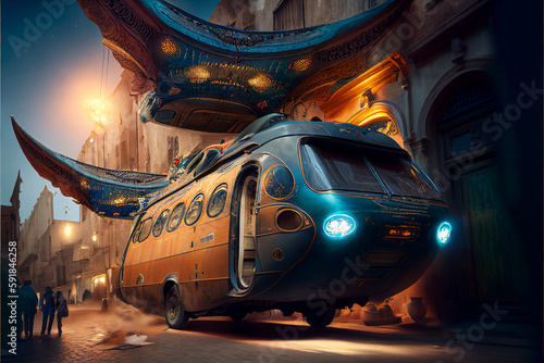 Vanlife roadtrip with a surreal, psychedelic, hippie camper van in the medina of an oriental old town. Created with Generative AI technology.