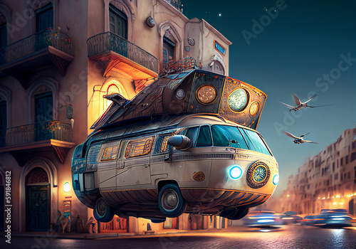 Vanlife roadtrip with a surreal, psychedelic, hippie camper van in the medina of an oriental old town. Created with Generative AI technology.