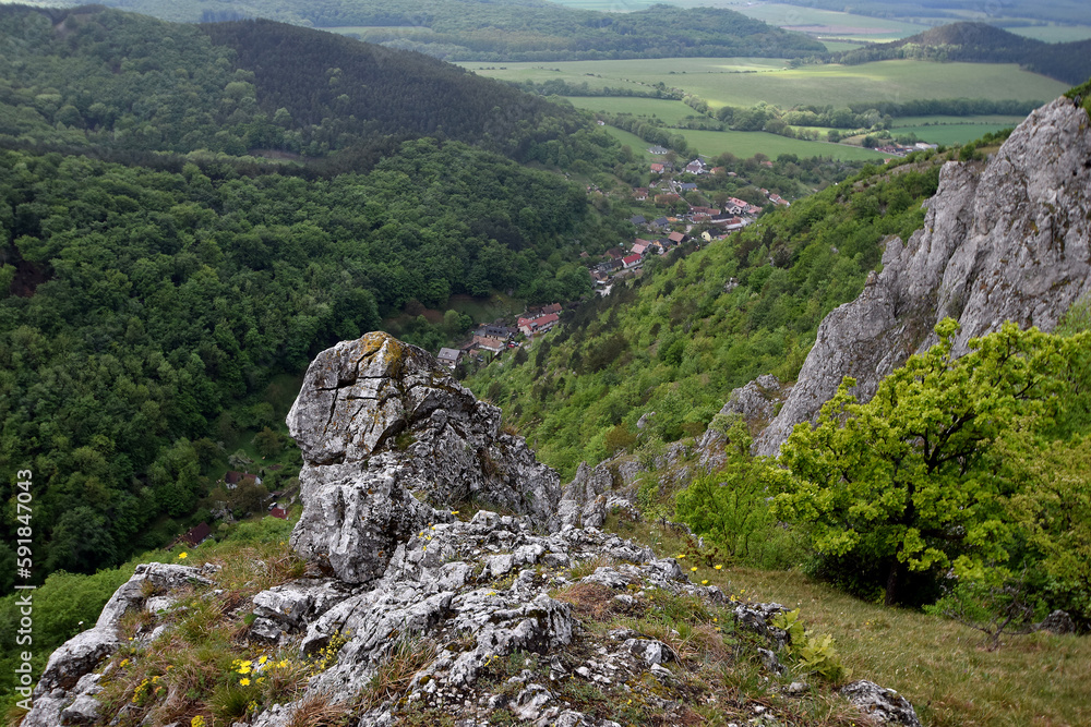 Obraz premium Panoramic view of rocks and hills covered with green trees